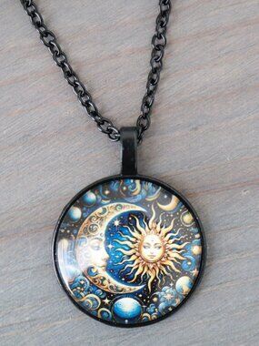 Sun & Moon Round Style Pendant Necklace Black Stainless Steel